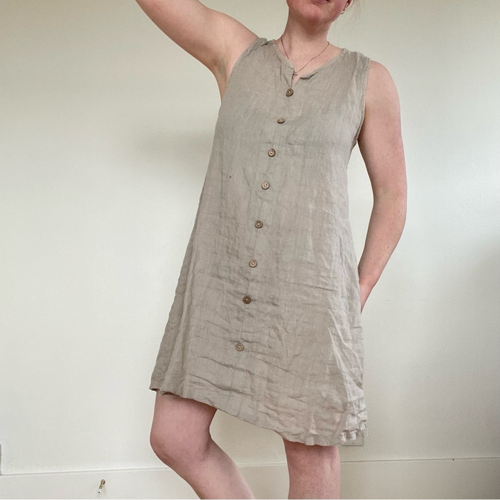 Sleeveless Button-Front Linen Dress in Light Taupe